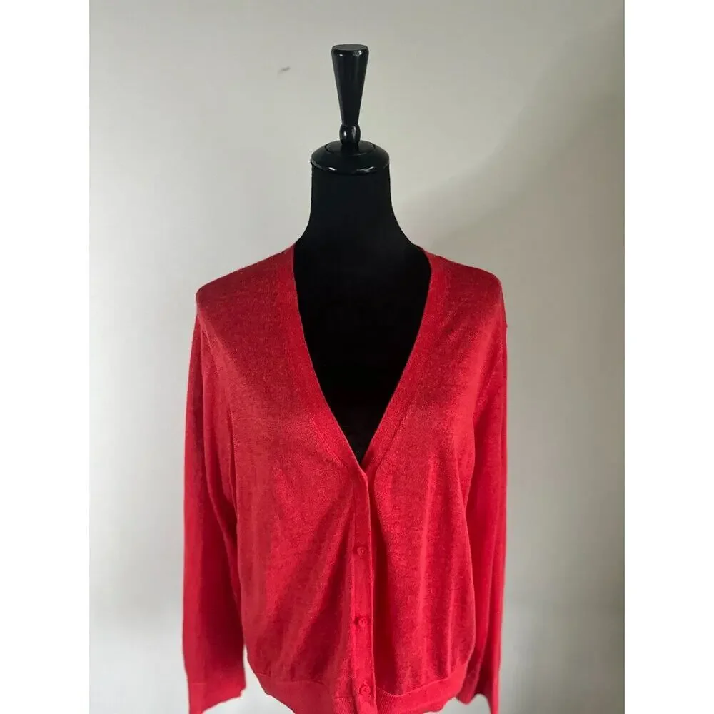 RALPH LAUREN Red Eyelet Back Long Sleeve Linen Cardigan Size XL
